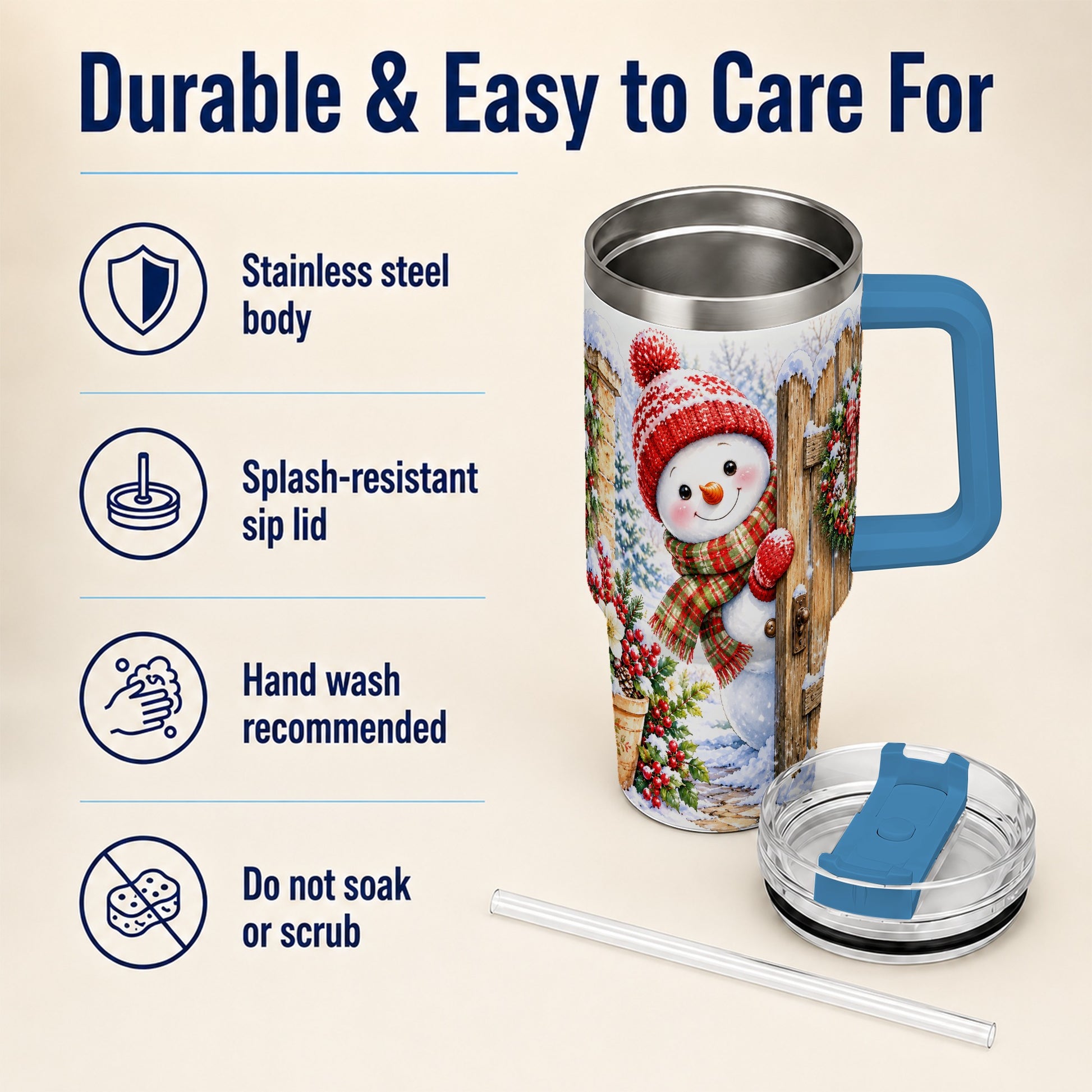 #pl[40oz|Blue] Snowman Christmas 40oz Tumbler with Handle, Winter Garden Travel Cup