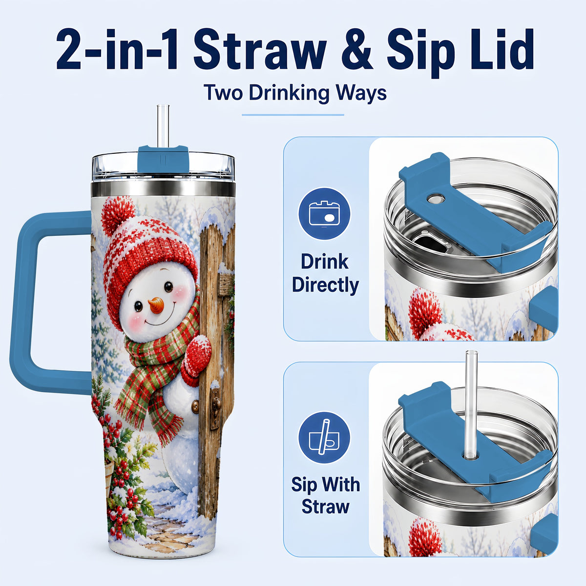 #pl[40oz|Blue] Snowman Christmas 40oz Tumbler with Handle, Winter Garden Travel Cup