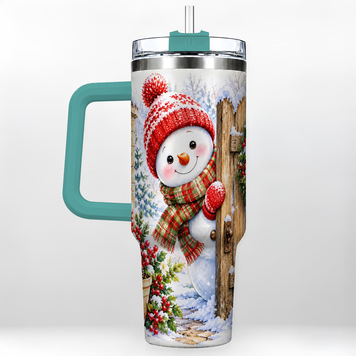 #pl[40oz|Green] Snowman Christmas 40oz Tumbler with Handle, Winter Garden Travel Cup