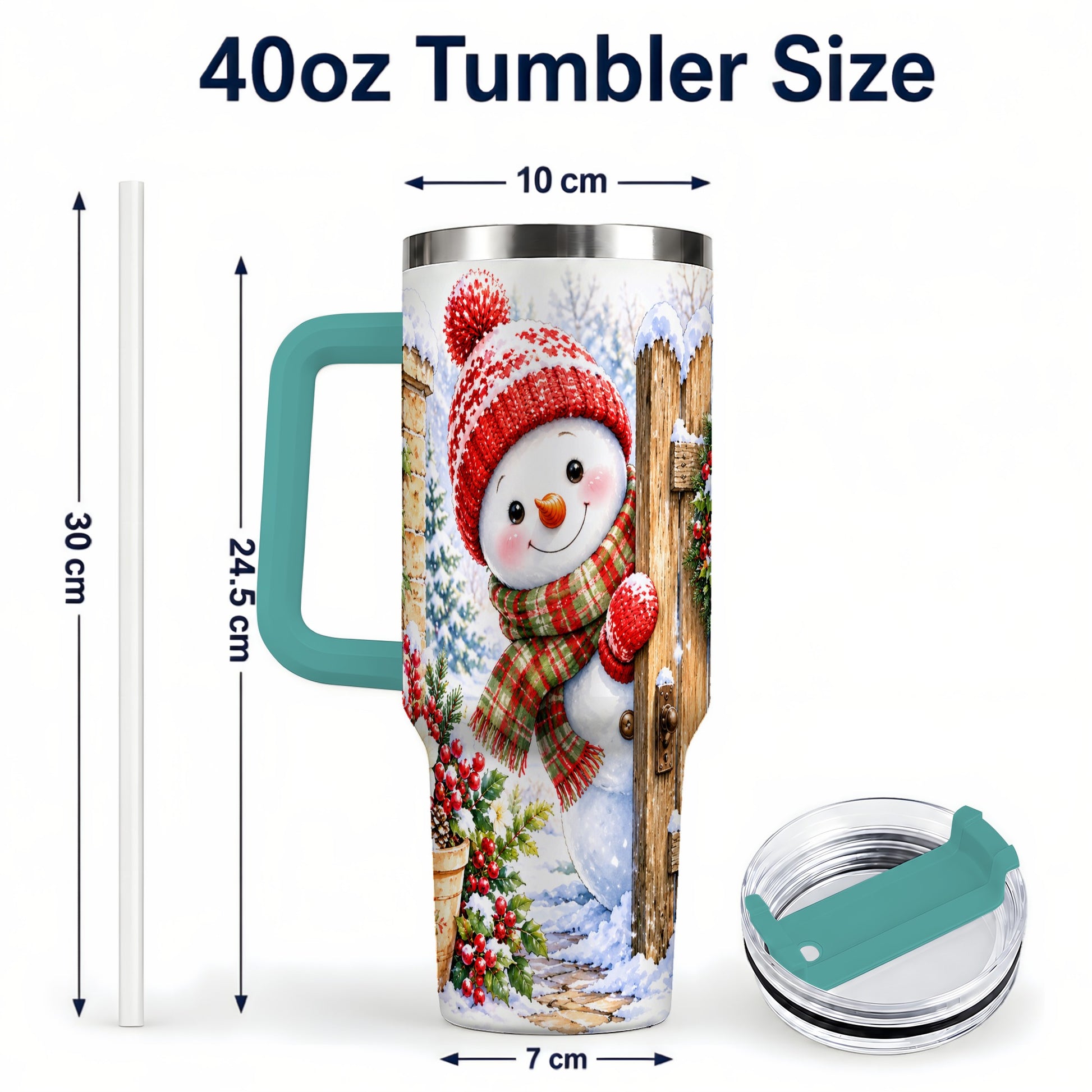 #pl[40oz|Green] Snowman Christmas 40oz Tumbler with Handle, Winter Garden Travel Cup