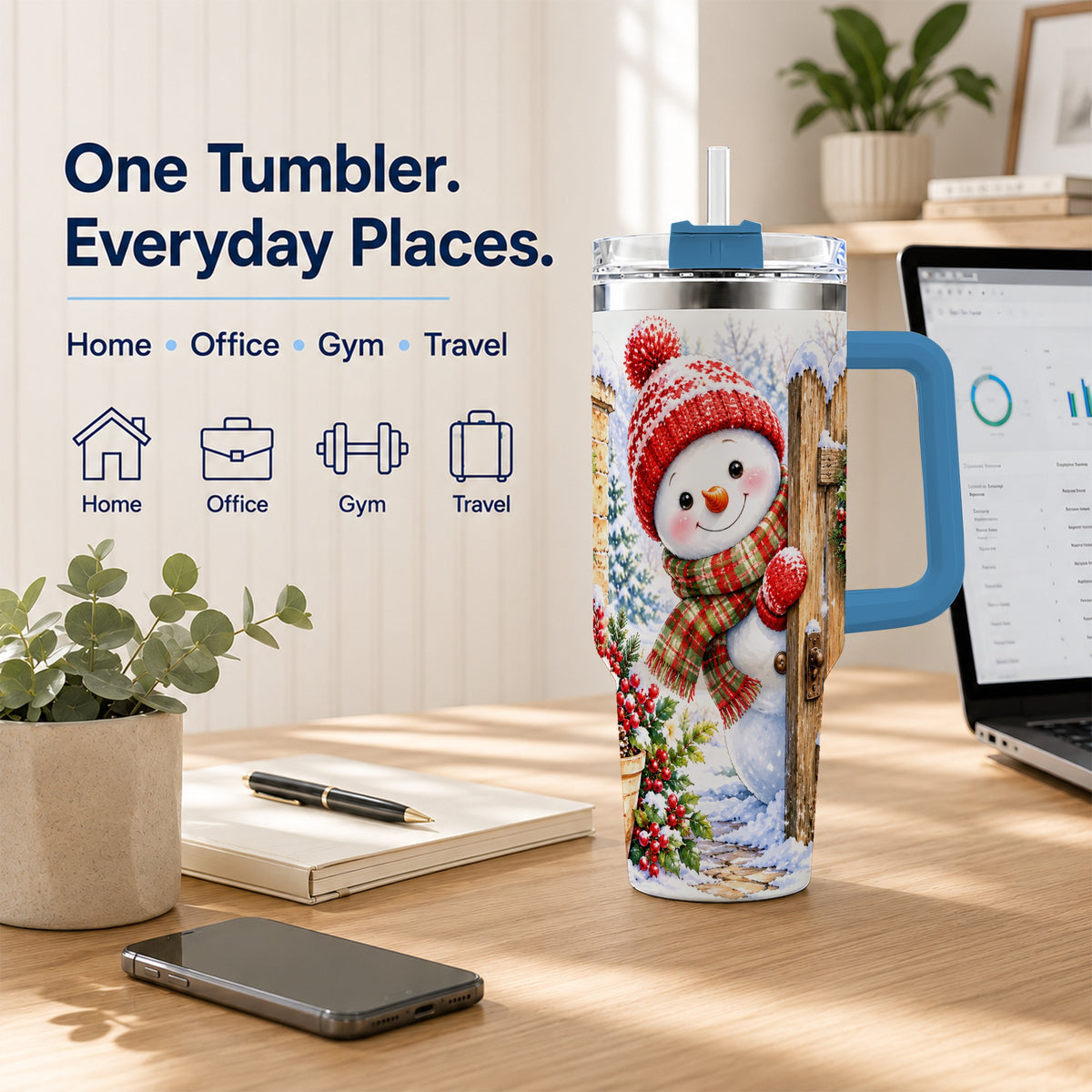 #pl[40oz|Blue] Snowman Christmas 40oz Tumbler with Handle, Winter Garden Travel Cup