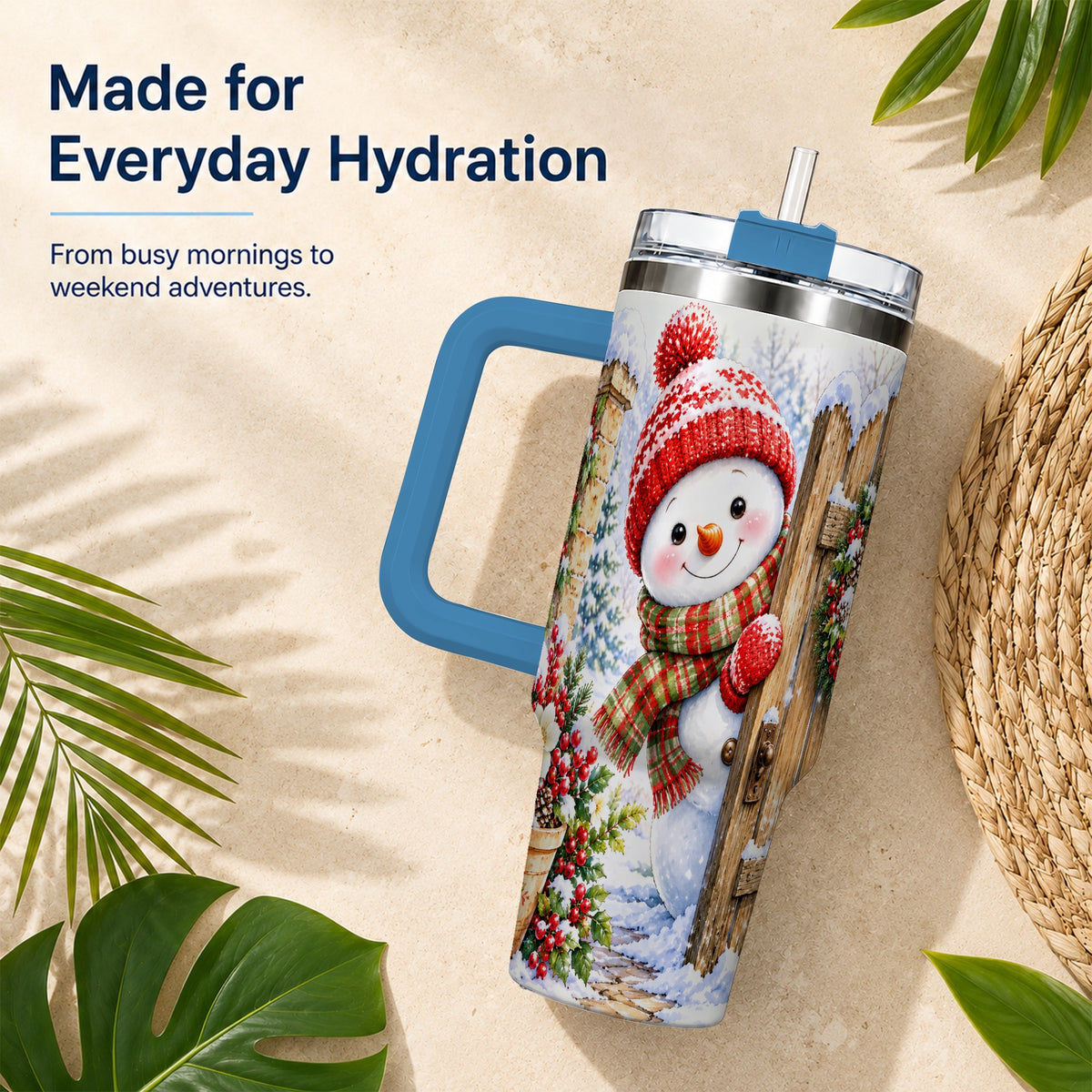 #pl[40oz|Blue] Snowman Christmas 40oz Tumbler with Handle, Winter Garden Travel Cup