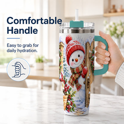 #pl[40oz|Green] Snowman Christmas 40oz Tumbler with Handle, Winter Garden Travel Cup