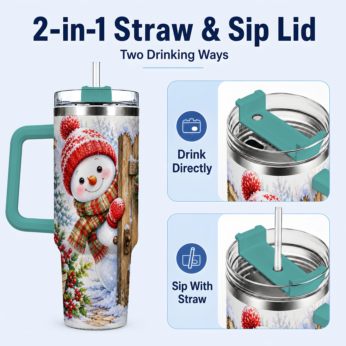 #pl[40oz|Green] Snowman Christmas 40oz Tumbler with Handle, Winter Garden Travel Cup