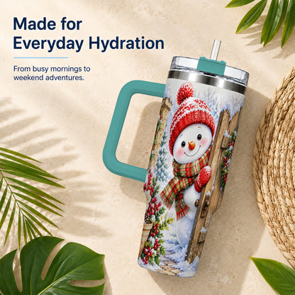 #pl[40oz|Green] Snowman Christmas 40oz Tumbler with Handle, Winter Garden Travel Cup