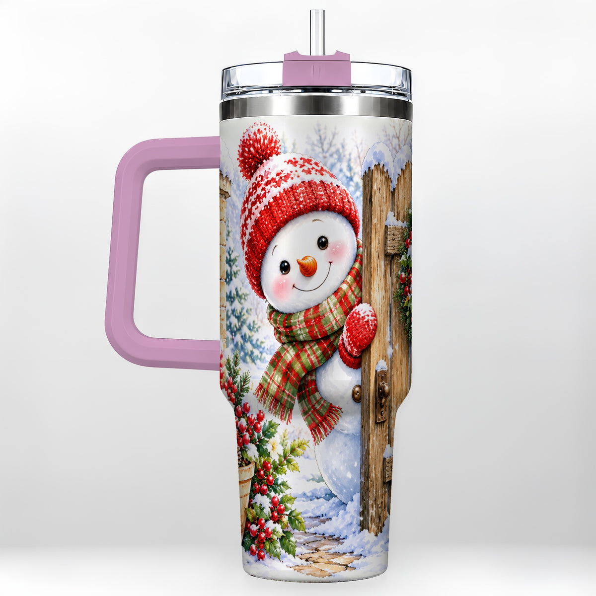 #pl[40oz|Pink] Snowman Christmas 40oz Tumbler with Handle, Winter Garden Travel Cup
