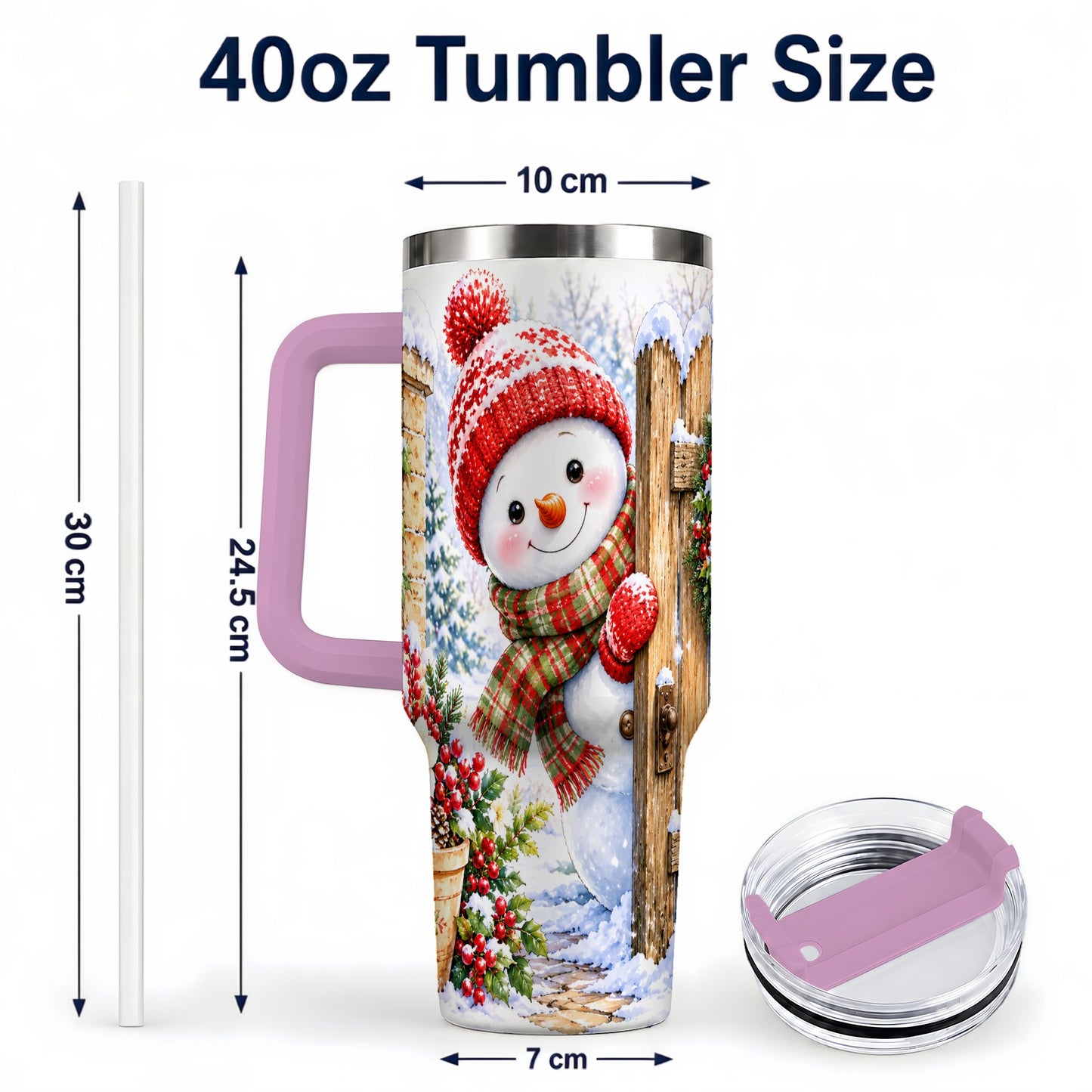 #pl[40oz|Pink] Snowman Christmas 40oz Tumbler with Handle, Winter Garden Travel Cup