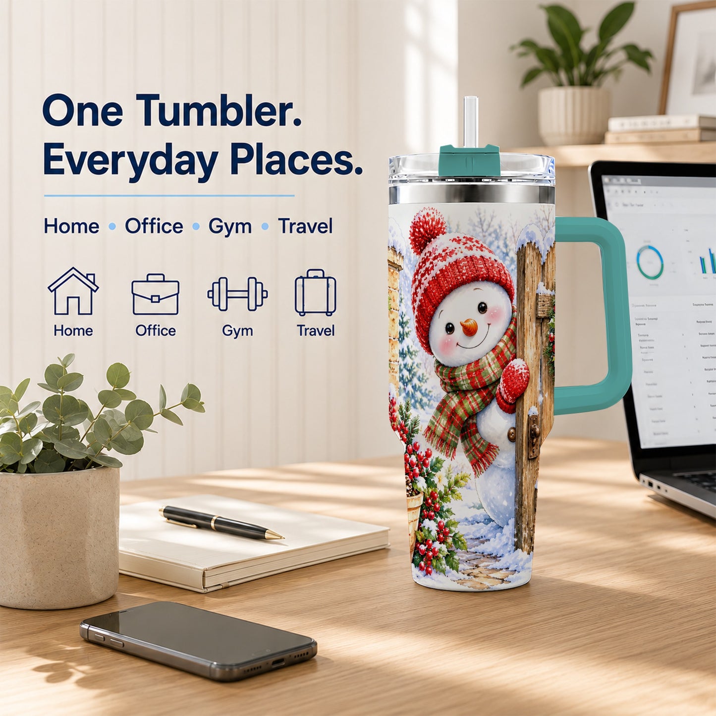 #pl[40oz|Green] Snowman Christmas 40oz Tumbler with Handle, Winter Garden Travel Cup