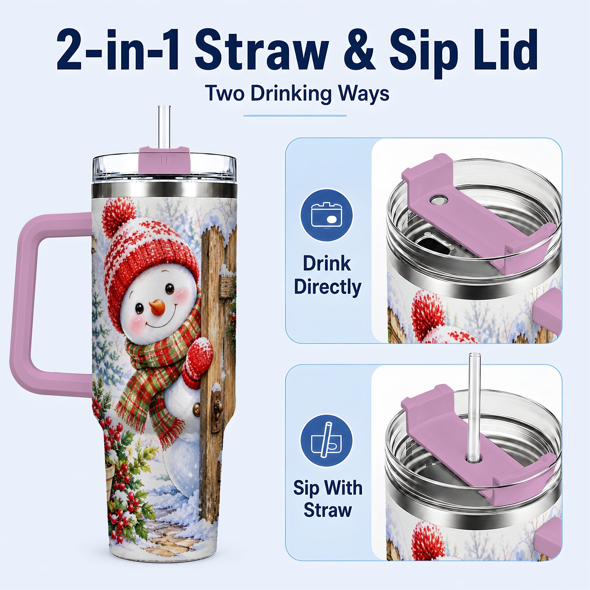#pl[40oz|Pink] Snowman Christmas 40oz Tumbler with Handle, Winter Garden Travel Cup