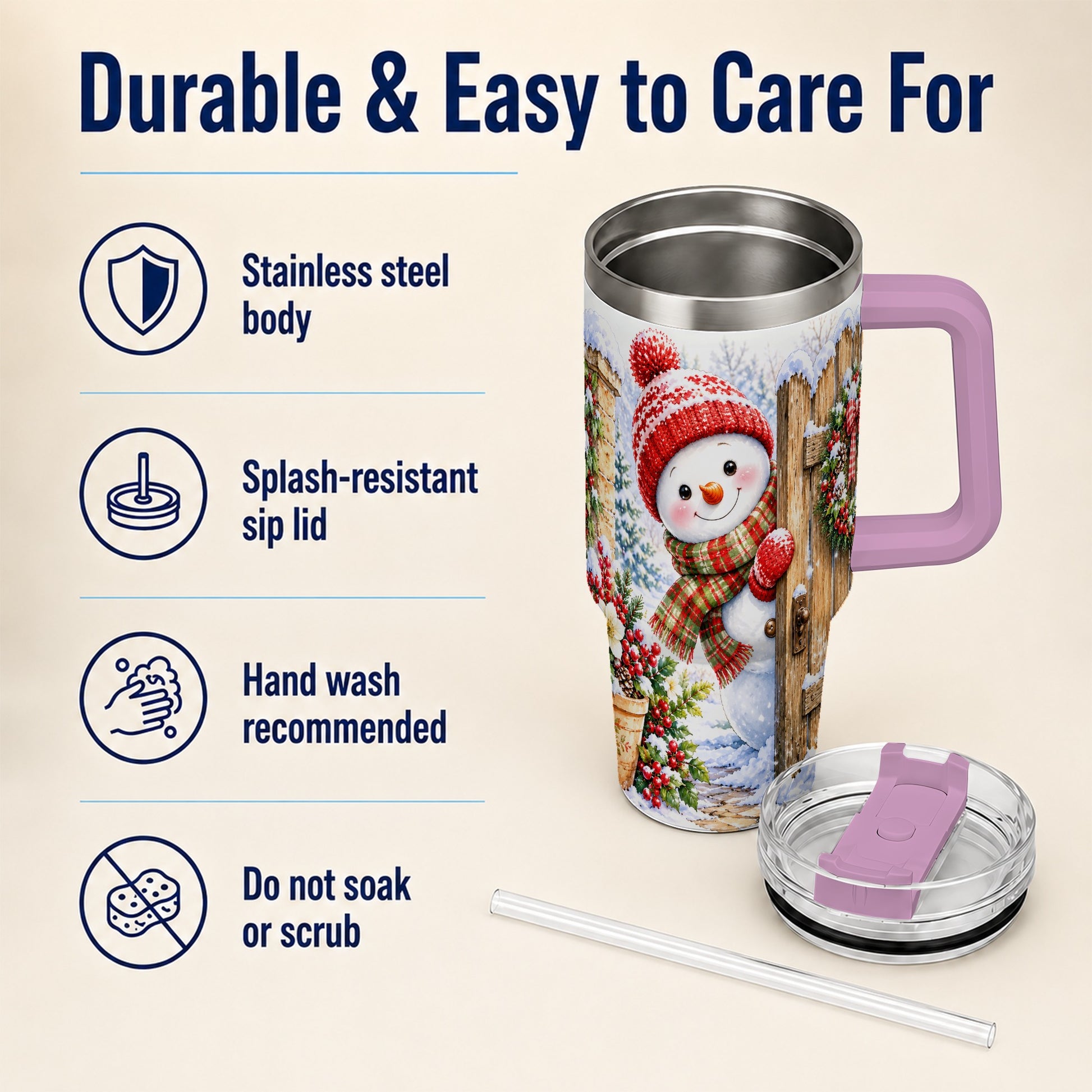 #pl[40oz|Pink] Snowman Christmas 40oz Tumbler with Handle, Winter Garden Travel Cup