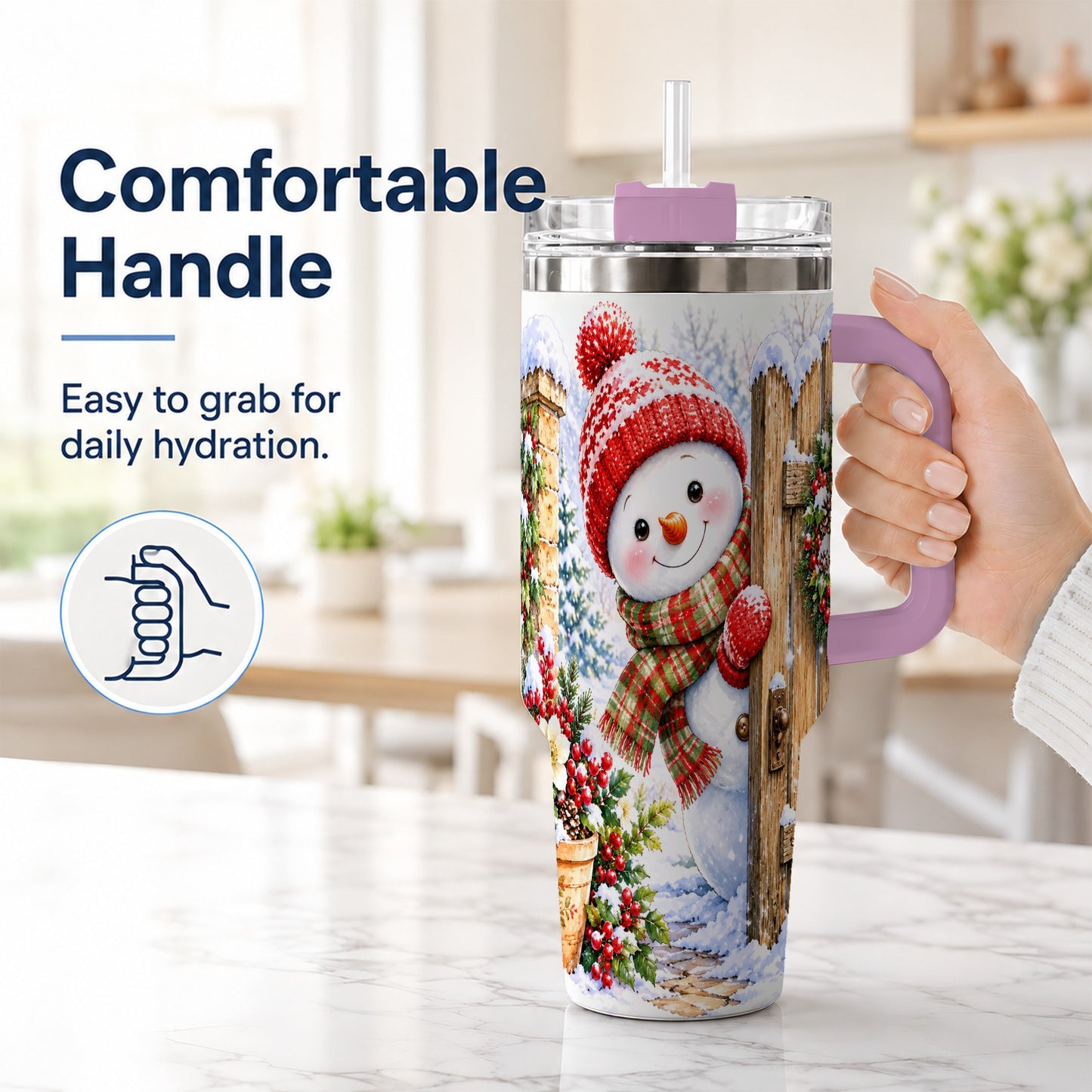 #pl[40oz|Pink] Snowman Christmas 40oz Tumbler with Handle, Winter Garden Travel Cup