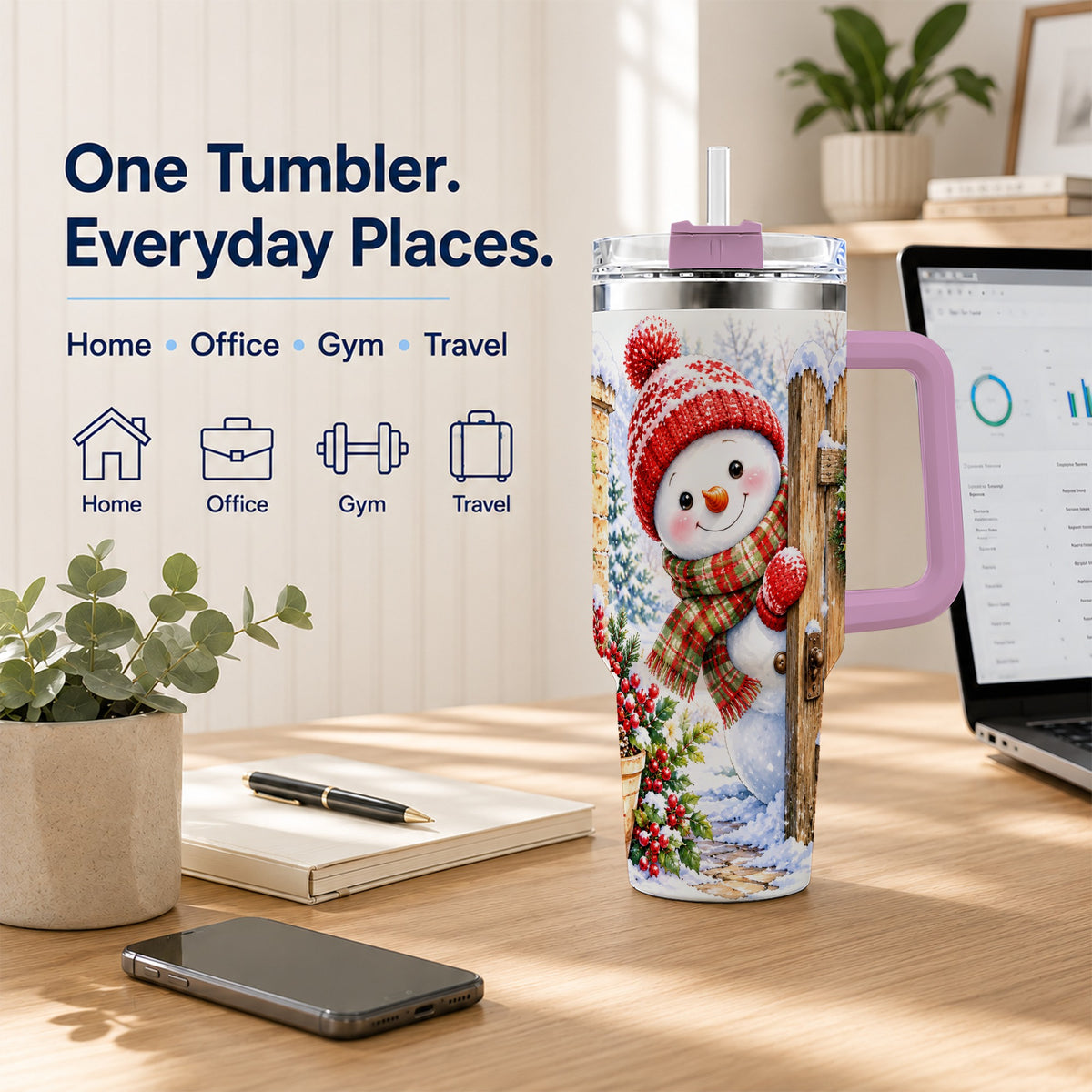#pl[40oz|Pink] Snowman Christmas 40oz Tumbler with Handle, Winter Garden Travel Cup