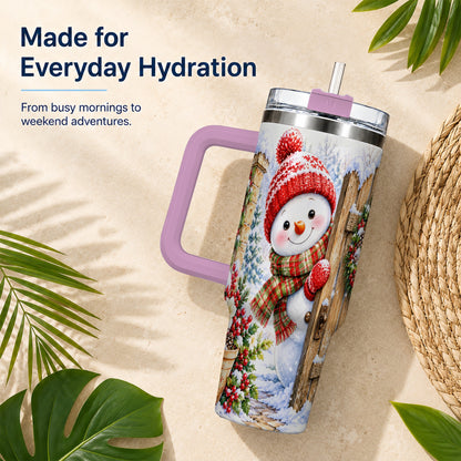 #pl[40oz|Pink] Snowman Christmas 40oz Tumbler with Handle, Winter Garden Travel Cup