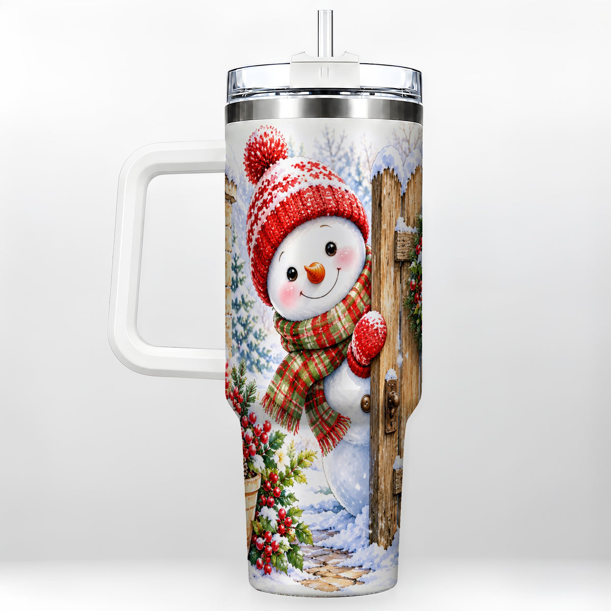 Snowman Christmas 40oz Tumbler with Handle, Winter Garden Travel Cup