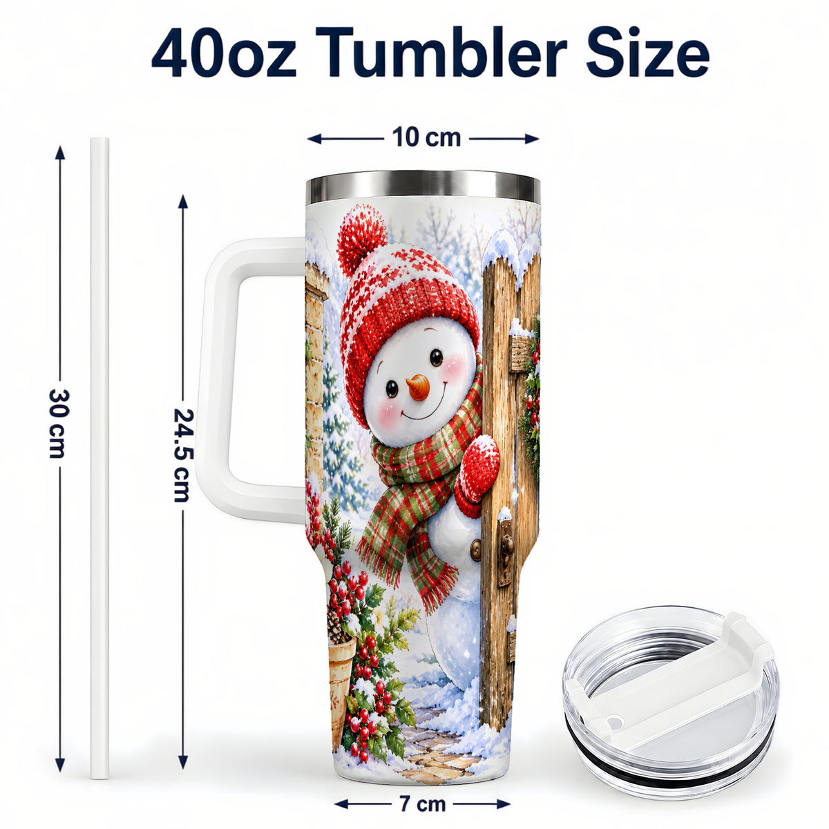 #pl[40oz|White] Snowman Christmas 40oz Tumbler with Handle, Winter Garden Travel Cup