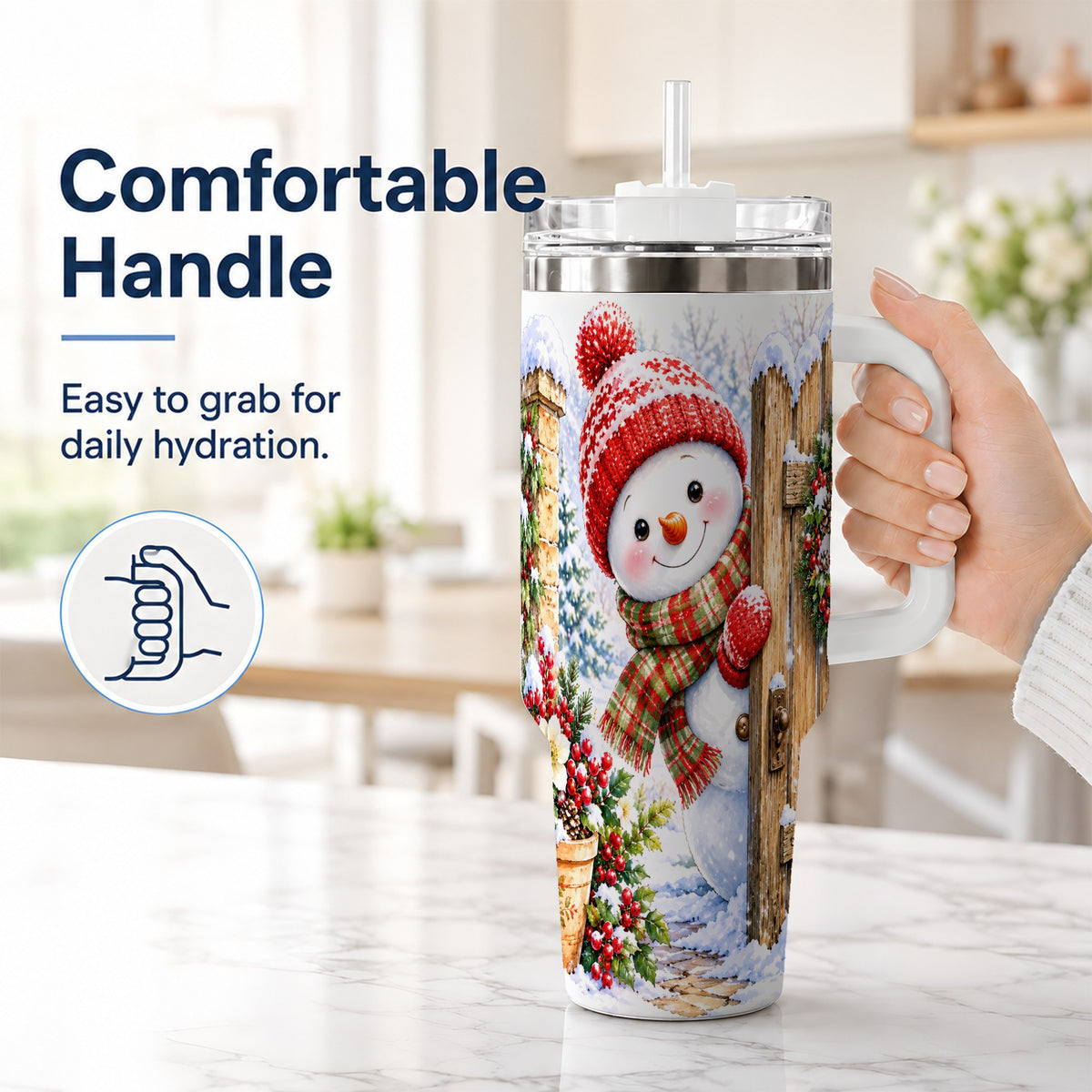 #pl[40oz|White] Snowman Christmas 40oz Tumbler with Handle, Winter Garden Travel Cup