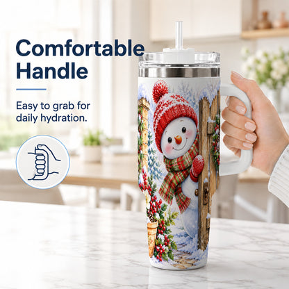 #pl[40oz|White] Snowman Christmas 40oz Tumbler with Handle, Winter Garden Travel Cup