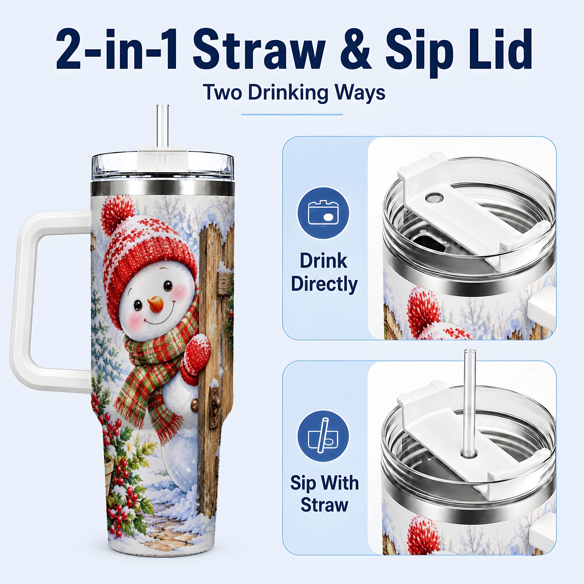 #pl[40oz|White] Snowman Christmas 40oz Tumbler with Handle, Winter Garden Travel Cup