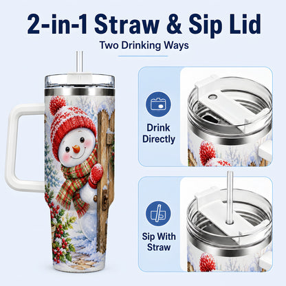 #pl[40oz|White] Snowman Christmas 40oz Tumbler with Handle, Winter Garden Travel Cup