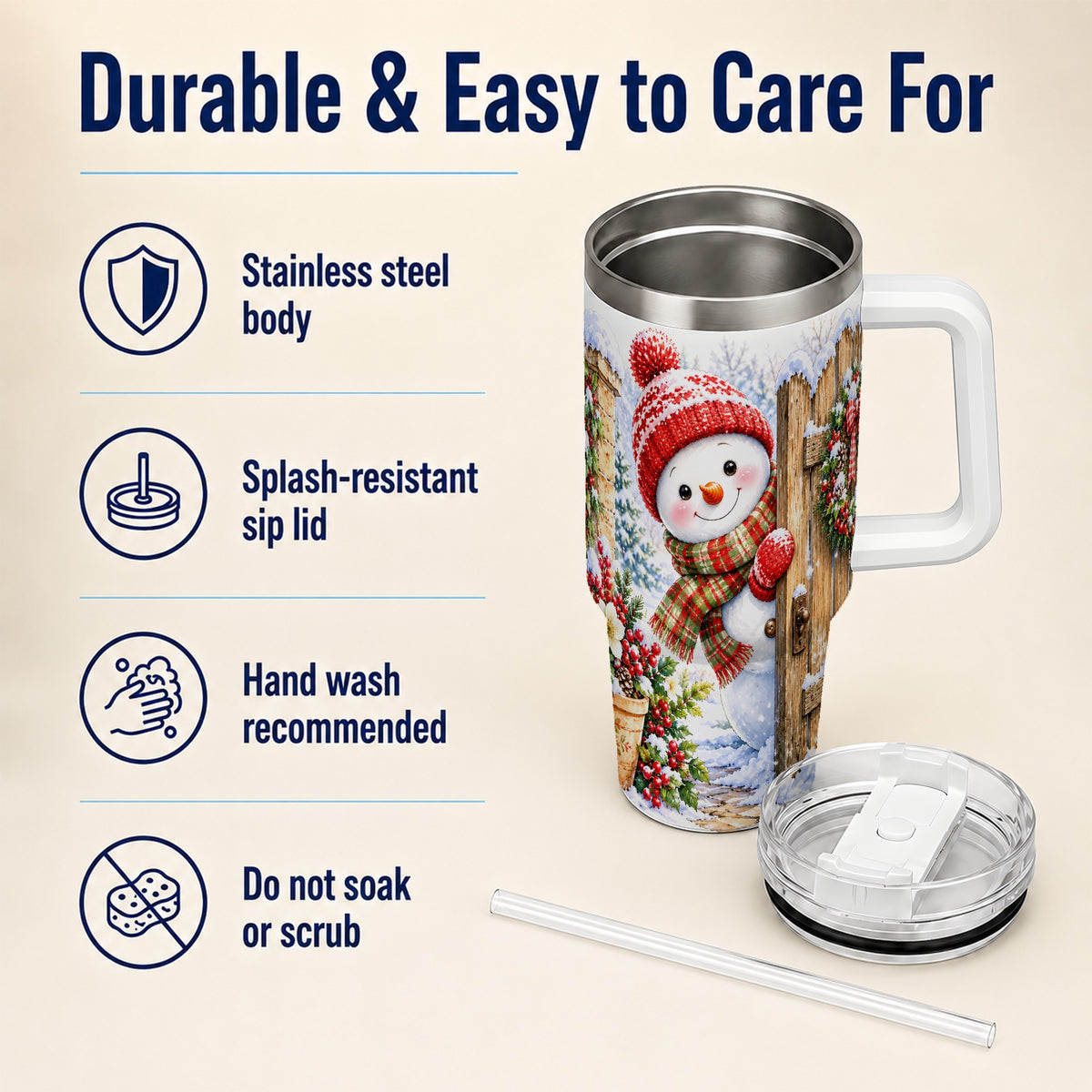 #pl[40oz|White] Snowman Christmas 40oz Tumbler with Handle, Winter Garden Travel Cup