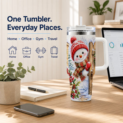 #pl[40oz|White] Snowman Christmas 40oz Tumbler with Handle, Winter Garden Travel Cup