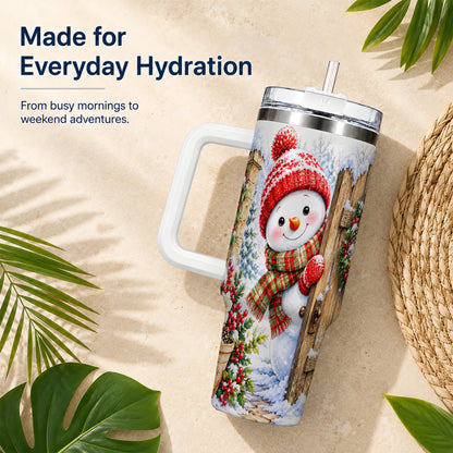 #pl[40oz|White] Snowman Christmas 40oz Tumbler with Handle, Winter Garden Travel Cup