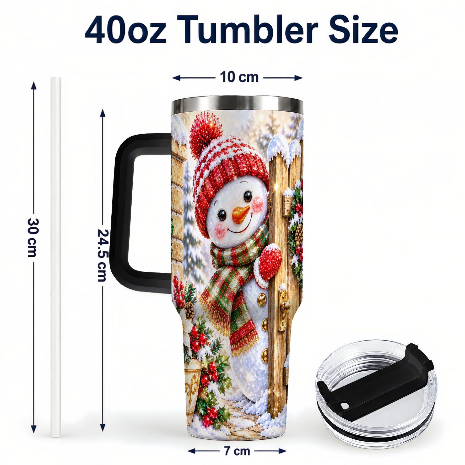 #pl[40oz|Black] Jeweled Snowman 40oz Tumbler with Handle, Christmas Garden Travel Cup