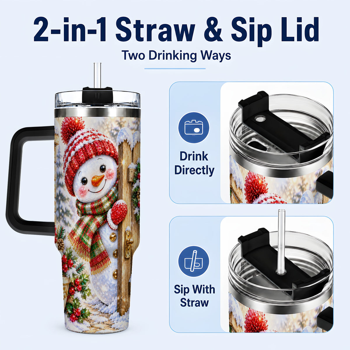 #pl[40oz|Black] Jeweled Snowman 40oz Tumbler with Handle, Christmas Garden Travel Cup