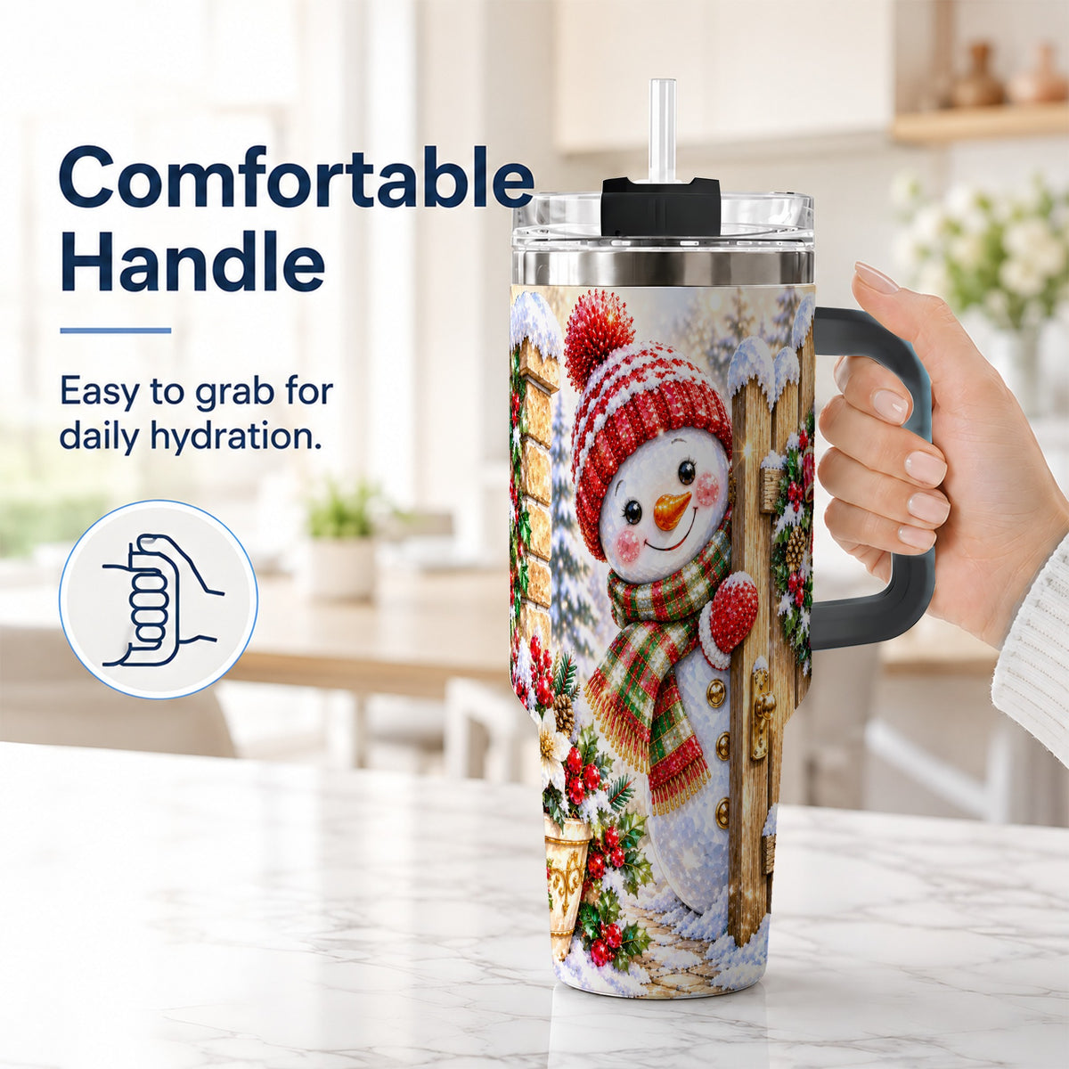 #pl[40oz|Black] Jeweled Snowman 40oz Tumbler with Handle, Christmas Garden Travel Cup