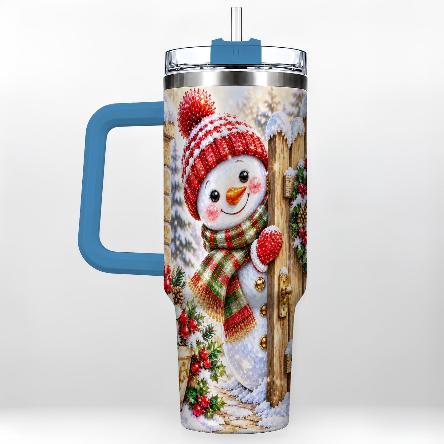 #pl[40oz|Blue] Jeweled Snowman 40oz Tumbler with Handle, Christmas Garden Travel Cup