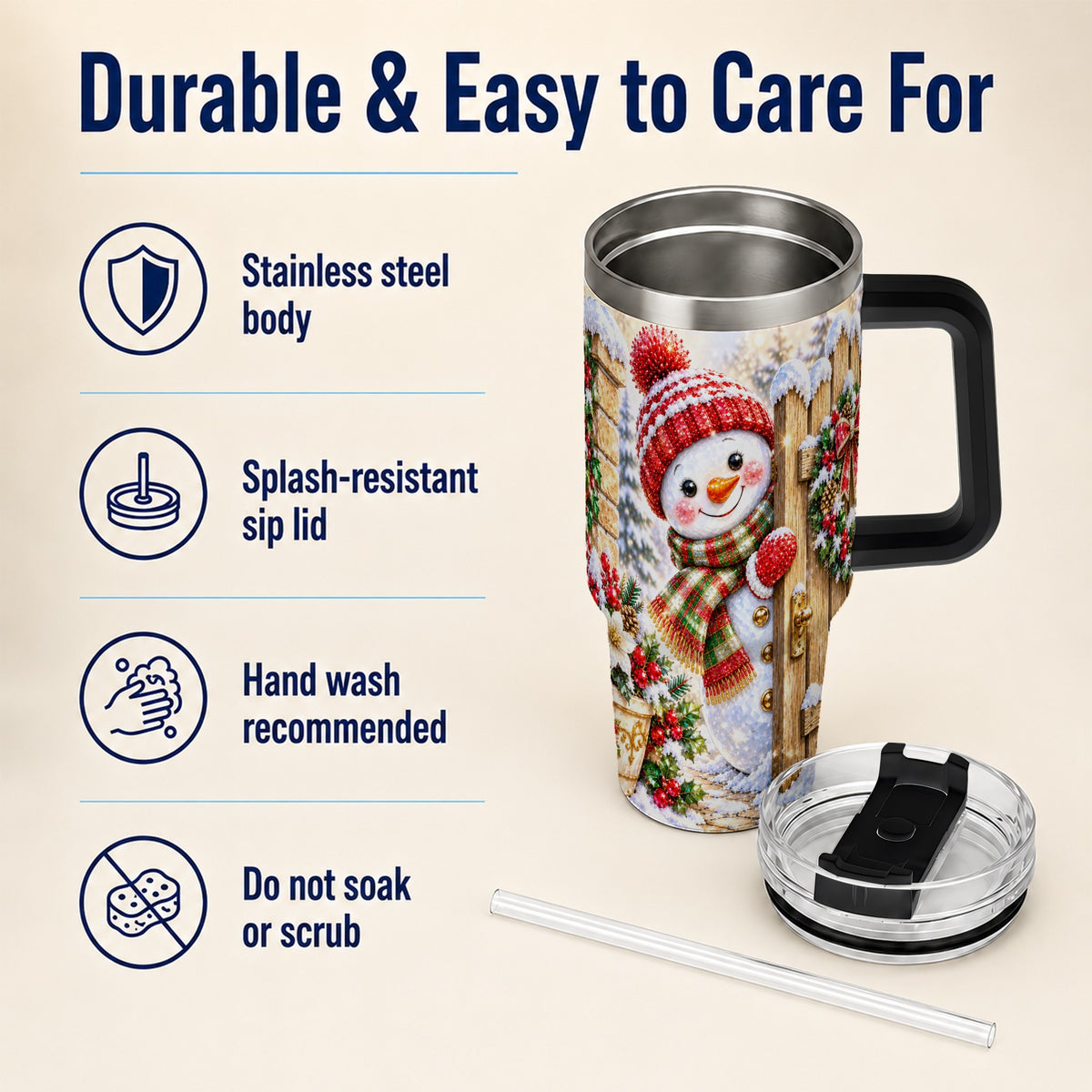 #pl[40oz|Black] Jeweled Snowman 40oz Tumbler with Handle, Christmas Garden Travel Cup