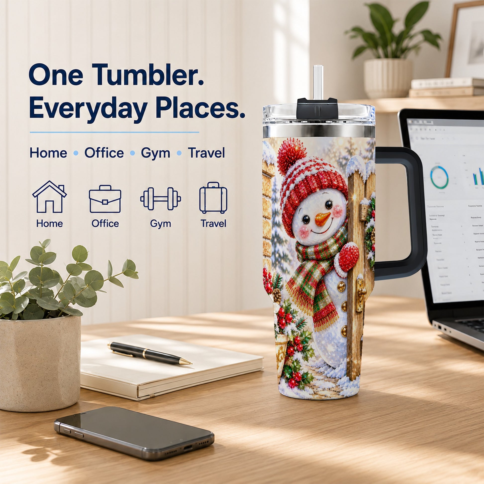 #pl[40oz|Black] Jeweled Snowman 40oz Tumbler with Handle, Christmas Garden Travel Cup