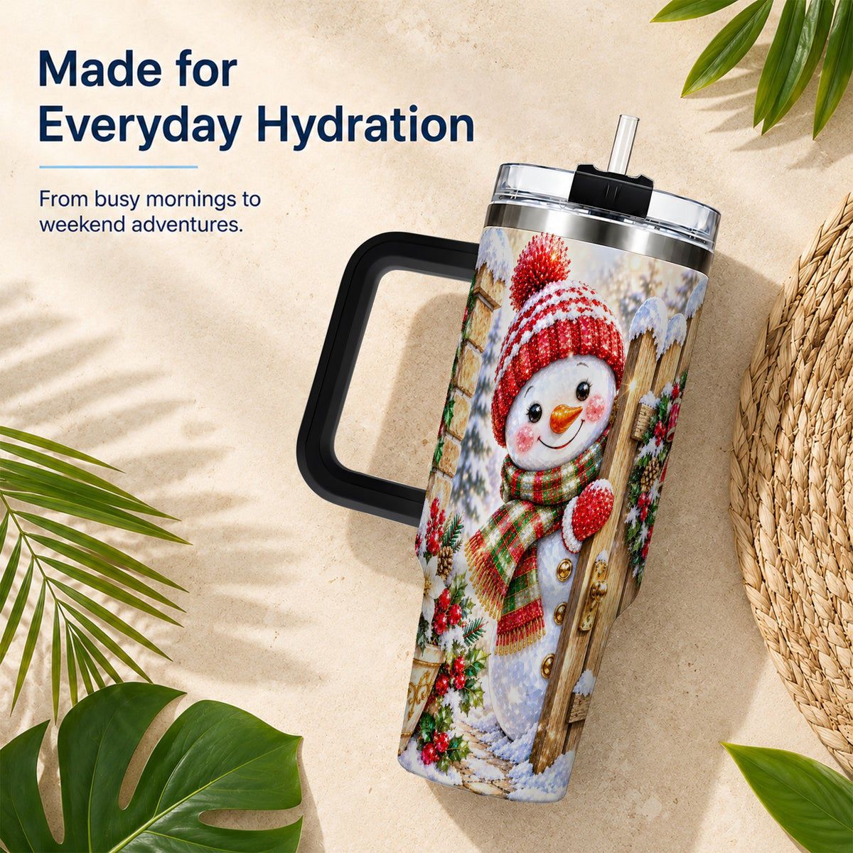 #pl[40oz|Black] Jeweled Snowman 40oz Tumbler with Handle, Christmas Garden Travel Cup