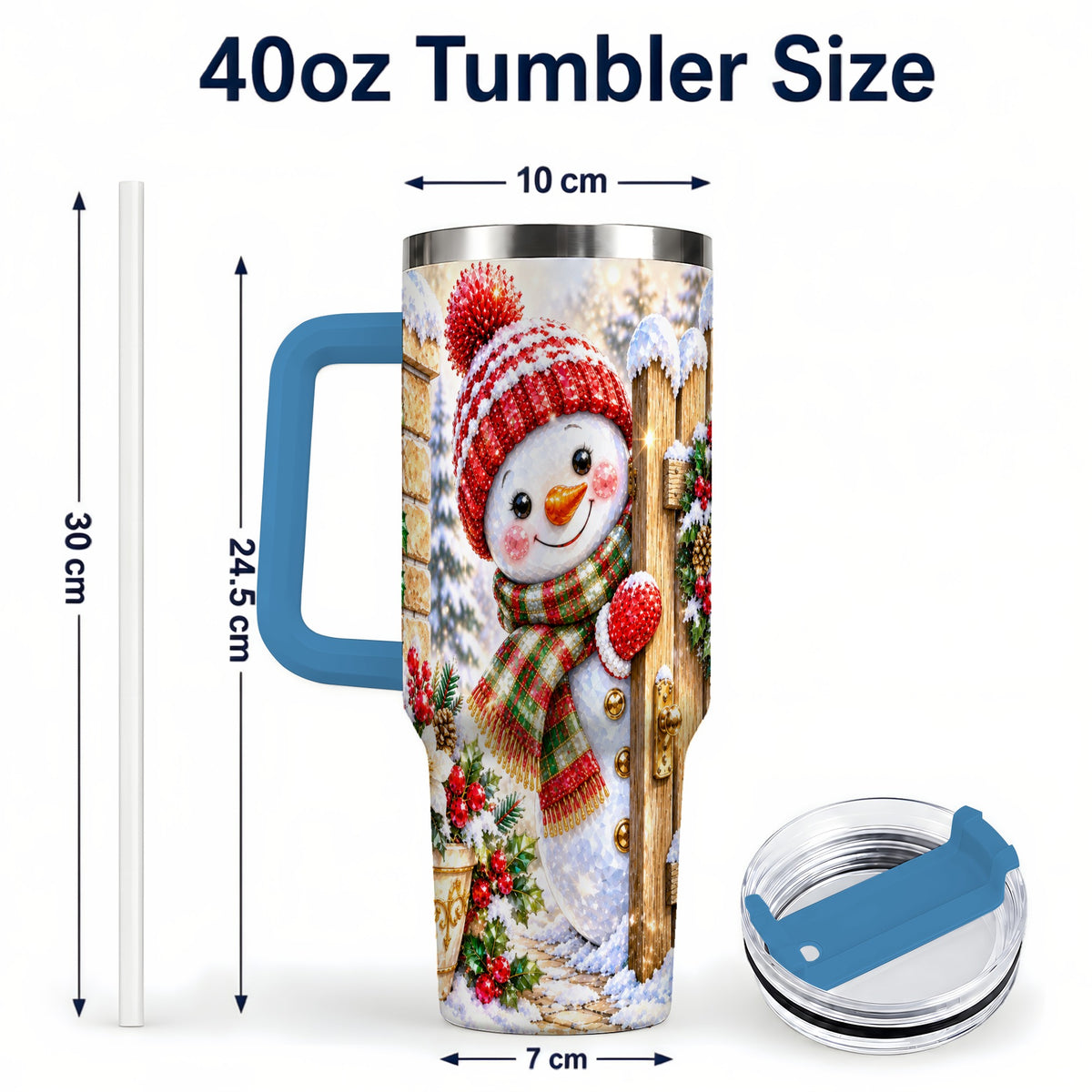 #pl[40oz|Blue] Jeweled Snowman 40oz Tumbler with Handle, Christmas Garden Travel Cup