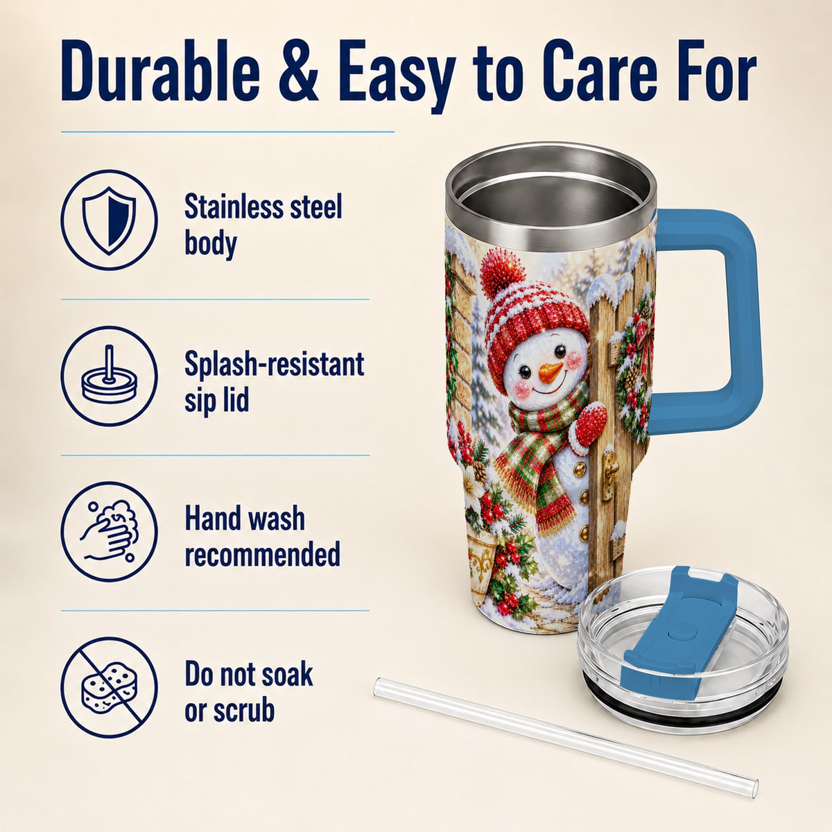 #pl[40oz|Blue] Jeweled Snowman 40oz Tumbler with Handle, Christmas Garden Travel Cup
