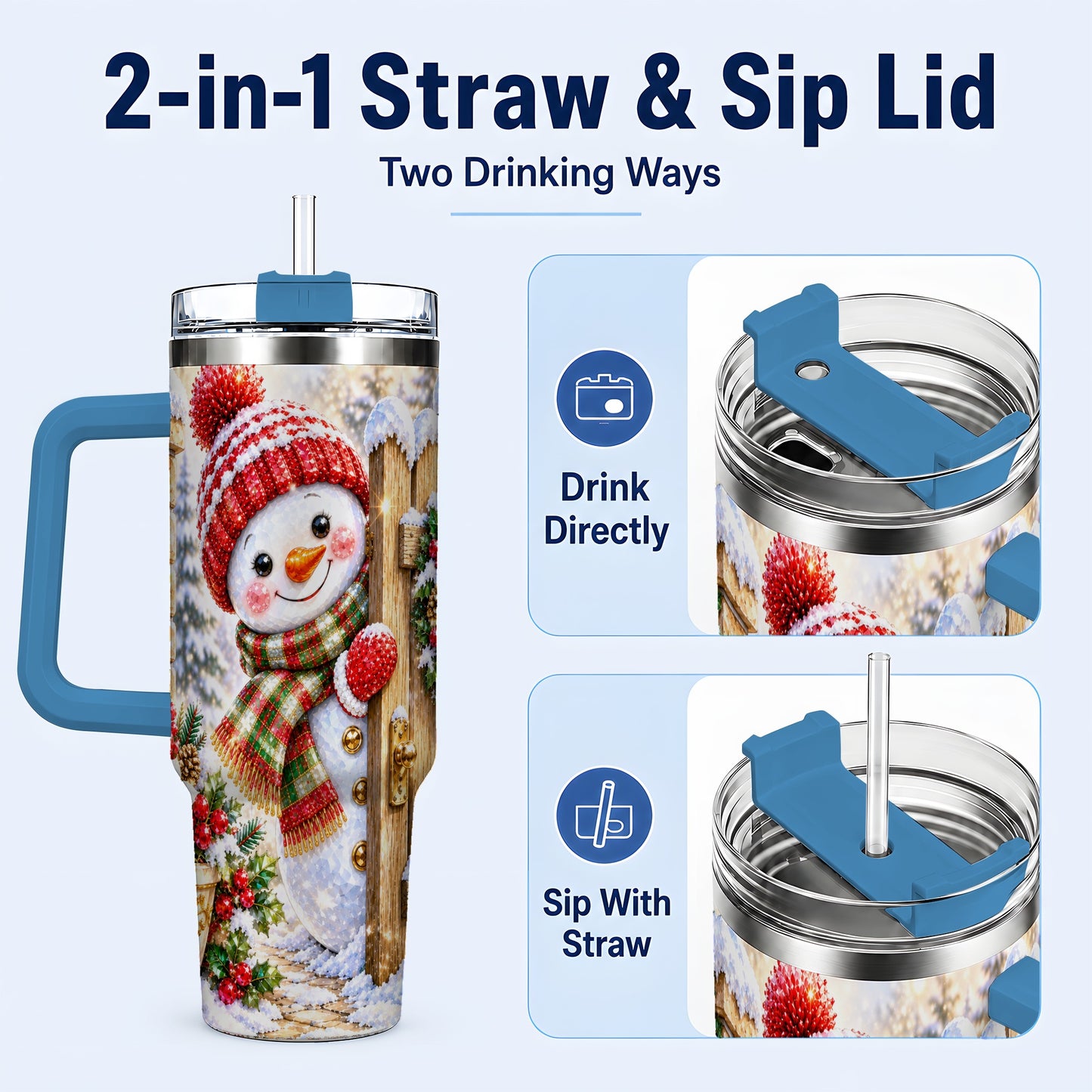 #pl[40oz|Blue] Jeweled Snowman 40oz Tumbler with Handle, Christmas Garden Travel Cup