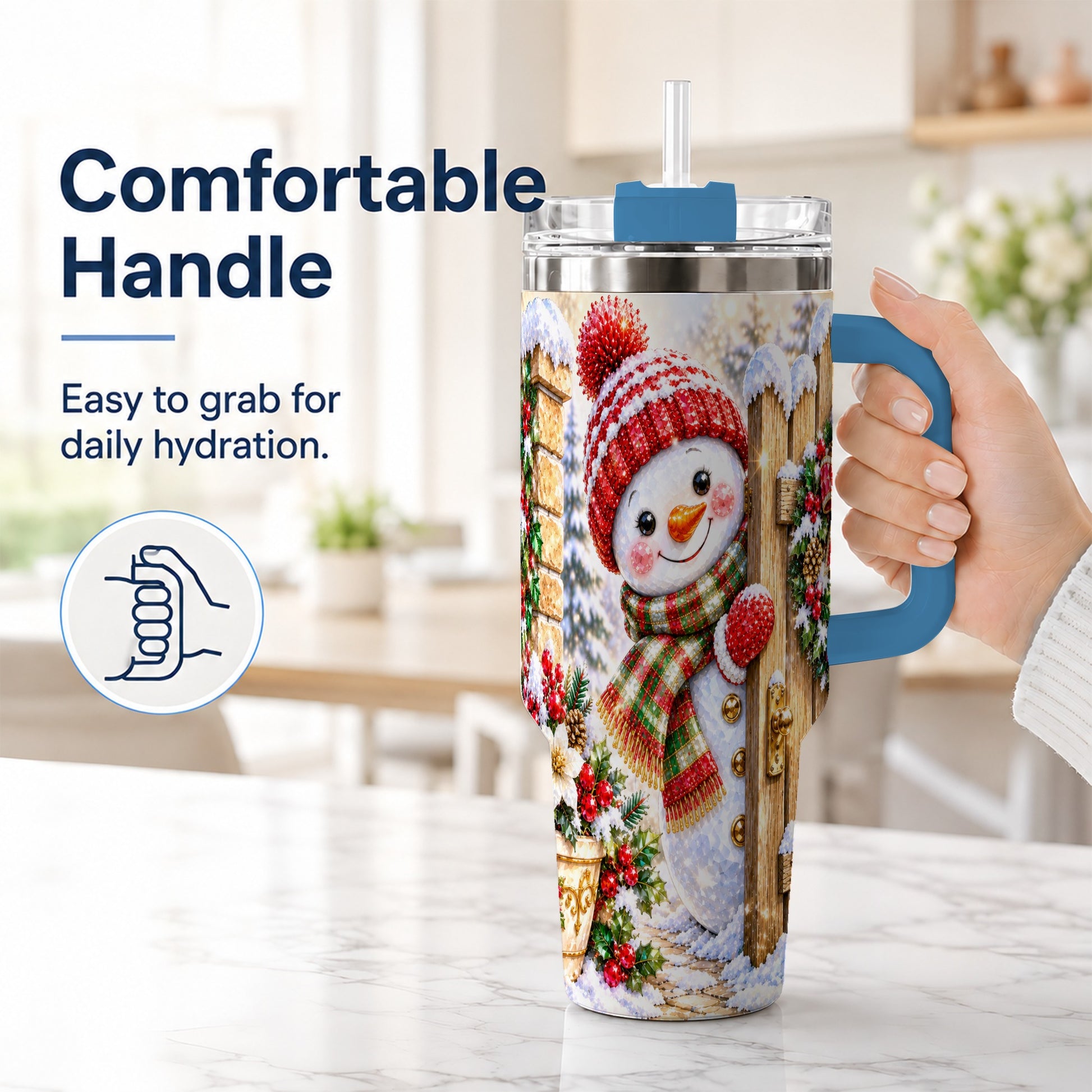 #pl[40oz|Blue] Jeweled Snowman 40oz Tumbler with Handle, Christmas Garden Travel Cup
