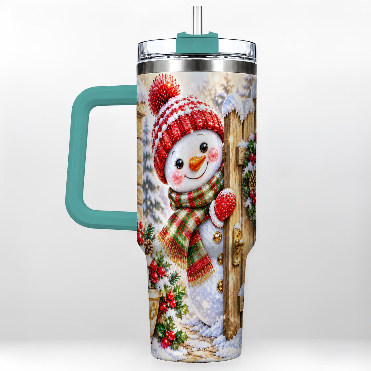 #pl[40oz|Green] Jeweled Snowman 40oz Tumbler with Handle, Christmas Garden Travel Cup