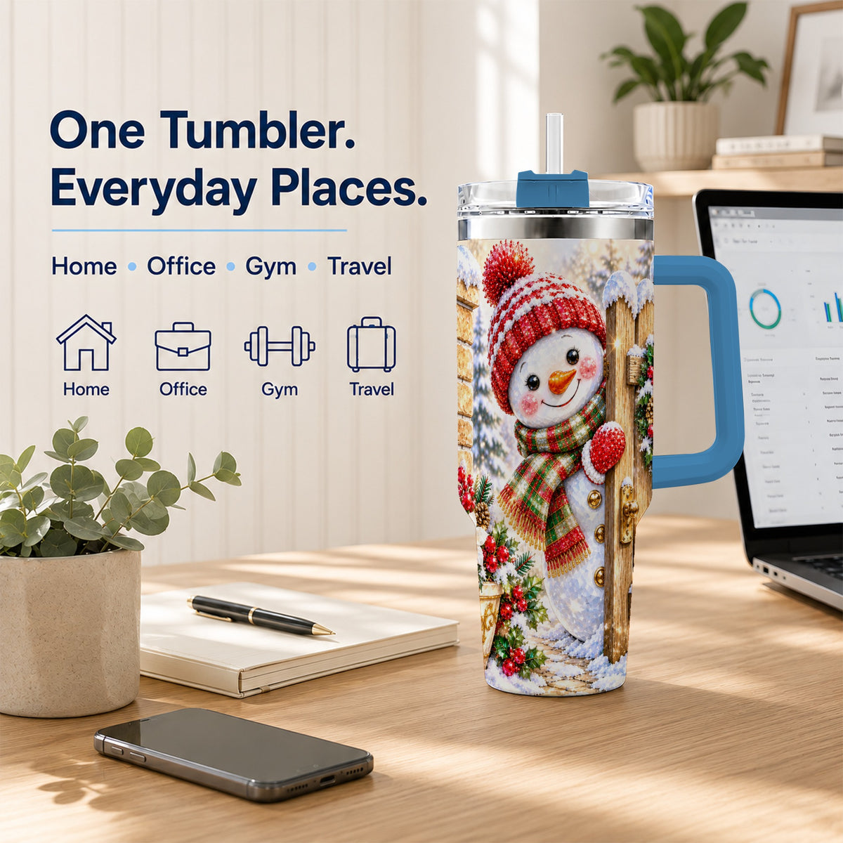 #pl[40oz|Blue] Jeweled Snowman 40oz Tumbler with Handle, Christmas Garden Travel Cup