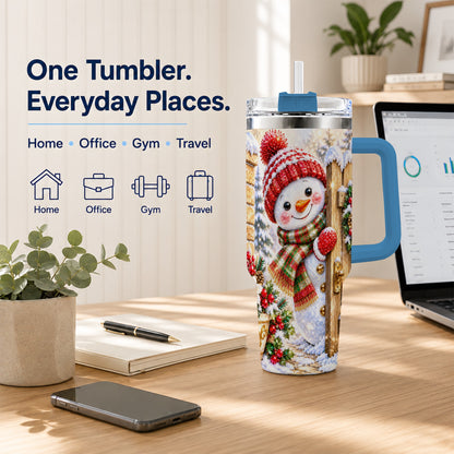 #pl[40oz|Blue] Jeweled Snowman 40oz Tumbler with Handle, Christmas Garden Travel Cup