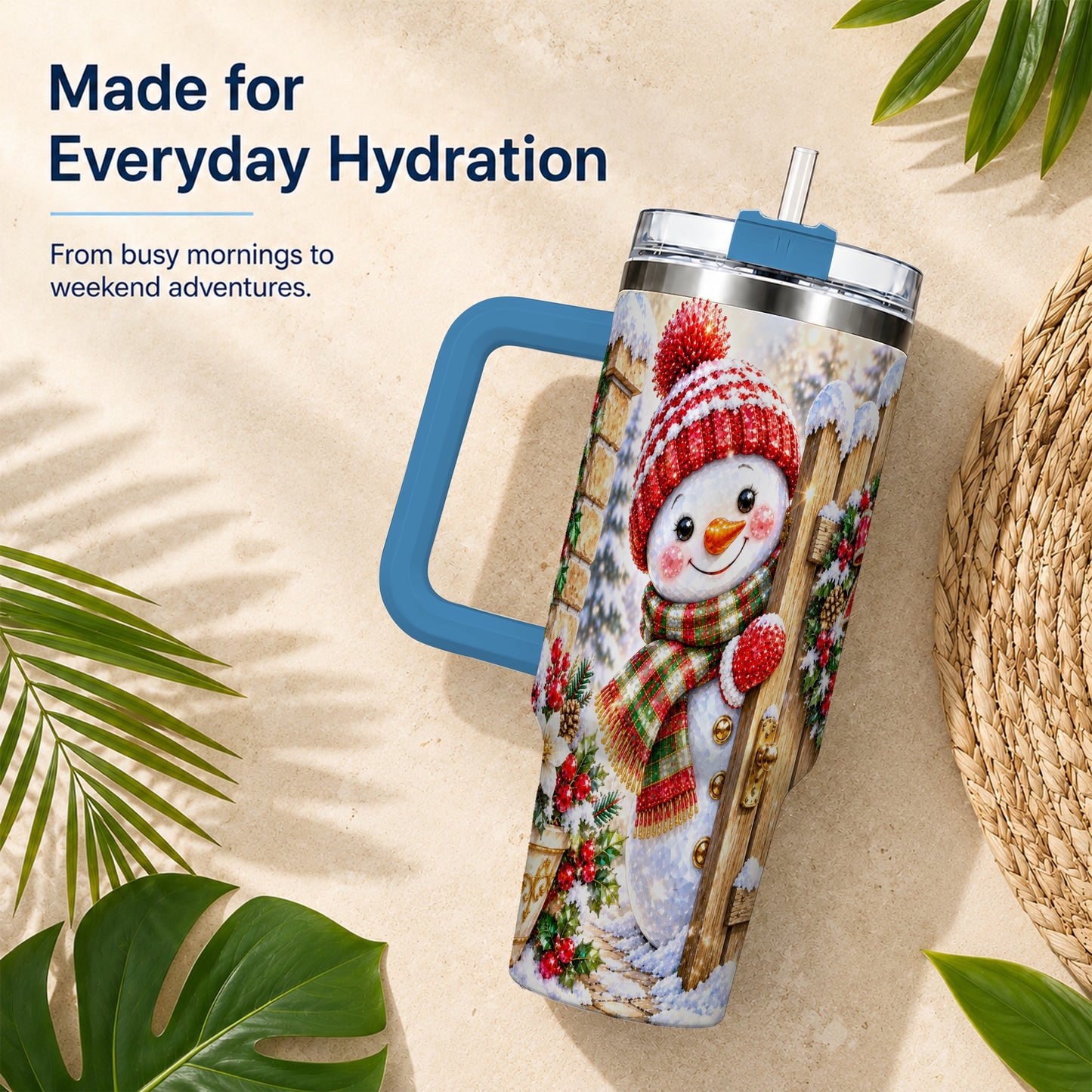 #pl[40oz|Blue] Jeweled Snowman 40oz Tumbler with Handle, Christmas Garden Travel Cup