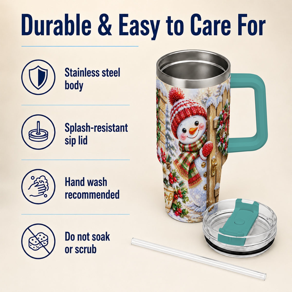 #pl[40oz|Green] Jeweled Snowman 40oz Tumbler with Handle, Christmas Garden Travel Cup