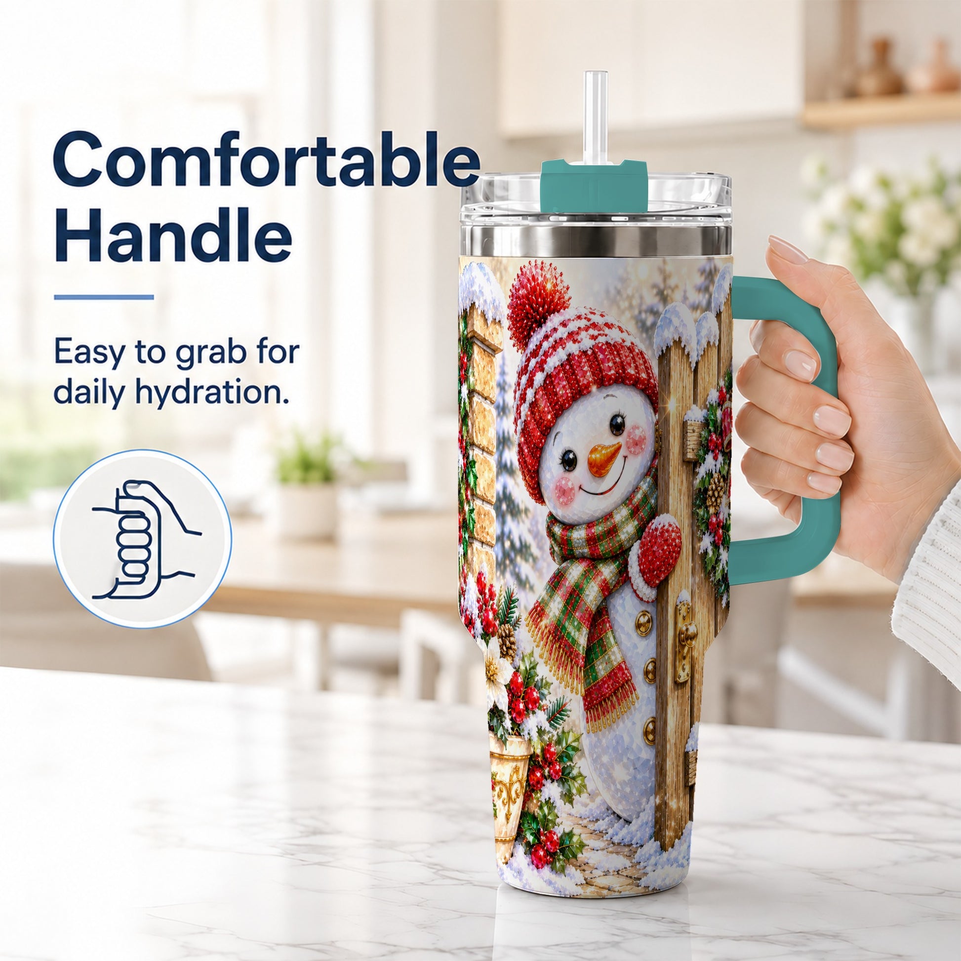 #pl[40oz|Green] Jeweled Snowman 40oz Tumbler with Handle, Christmas Garden Travel Cup