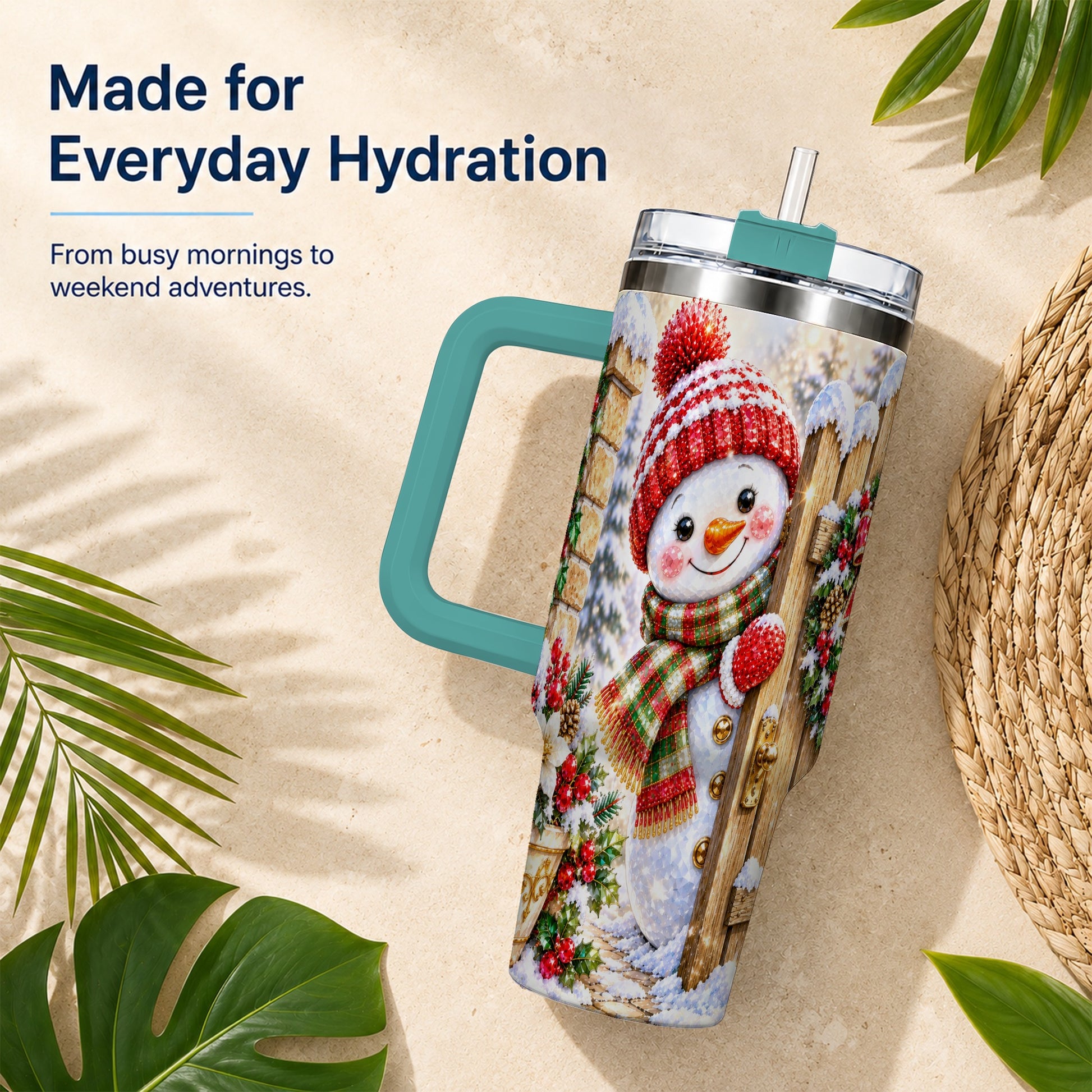 #pl[40oz|Green] Jeweled Snowman 40oz Tumbler with Handle, Christmas Garden Travel Cup