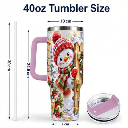 #pl[40oz|Pink] Jeweled Snowman 40oz Tumbler with Handle, Christmas Garden Travel Cup