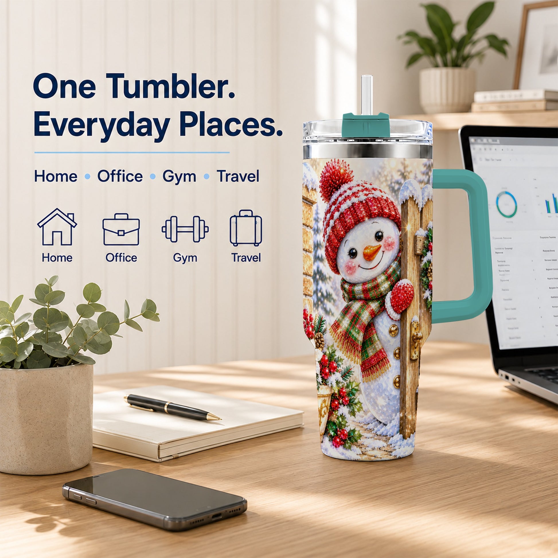 #pl[40oz|Green] Jeweled Snowman 40oz Tumbler with Handle, Christmas Garden Travel Cup