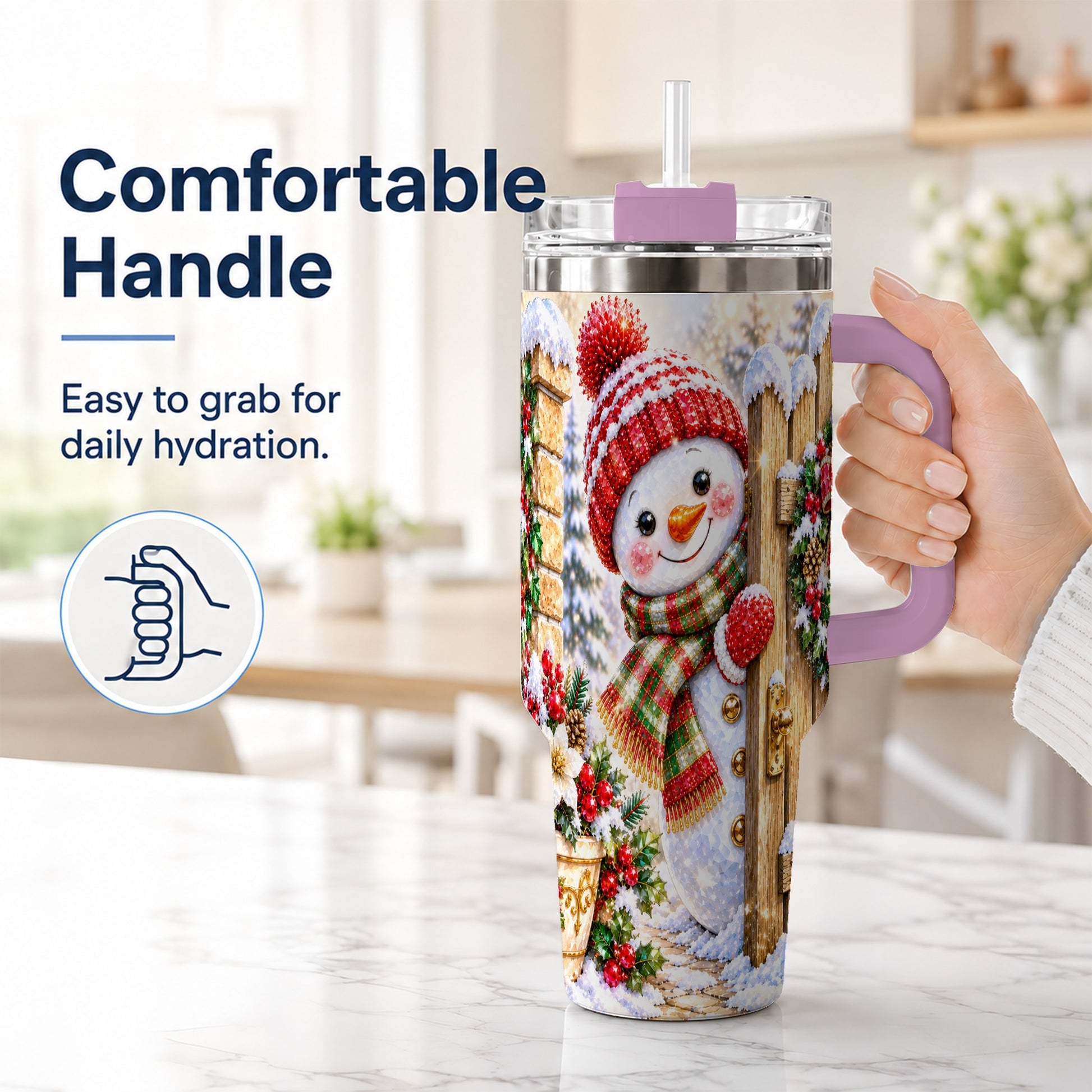 #pl[40oz|Pink] Jeweled Snowman 40oz Tumbler with Handle, Christmas Garden Travel Cup