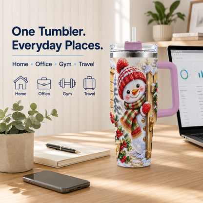 #pl[40oz|Pink] Jeweled Snowman 40oz Tumbler with Handle, Christmas Garden Travel Cup