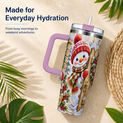 #pl[40oz|Pink] Jeweled Snowman 40oz Tumbler with Handle, Christmas Garden Travel Cup