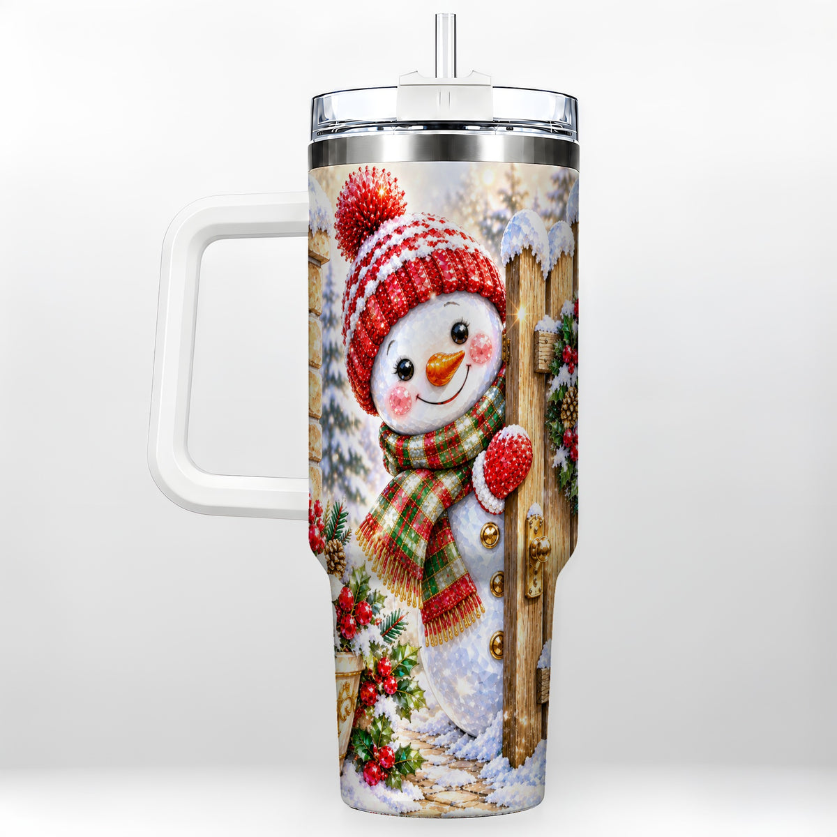 Jeweled Snowman 40oz Tumbler with Handle, Christmas Garden Travel Cup
